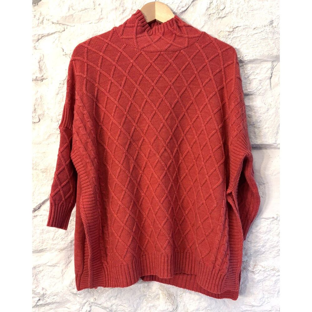 Mersea OS Coral Cable Knit Mock Neck Sweater Oversized Side Slit Fisherman Knit
